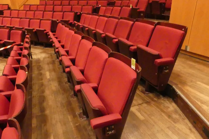 Theater-/Saalbestuhlung, 2 Reihen à 7 Sitzplätze (14 Plätze), gepolsterte Klappsitze, rot/braun
